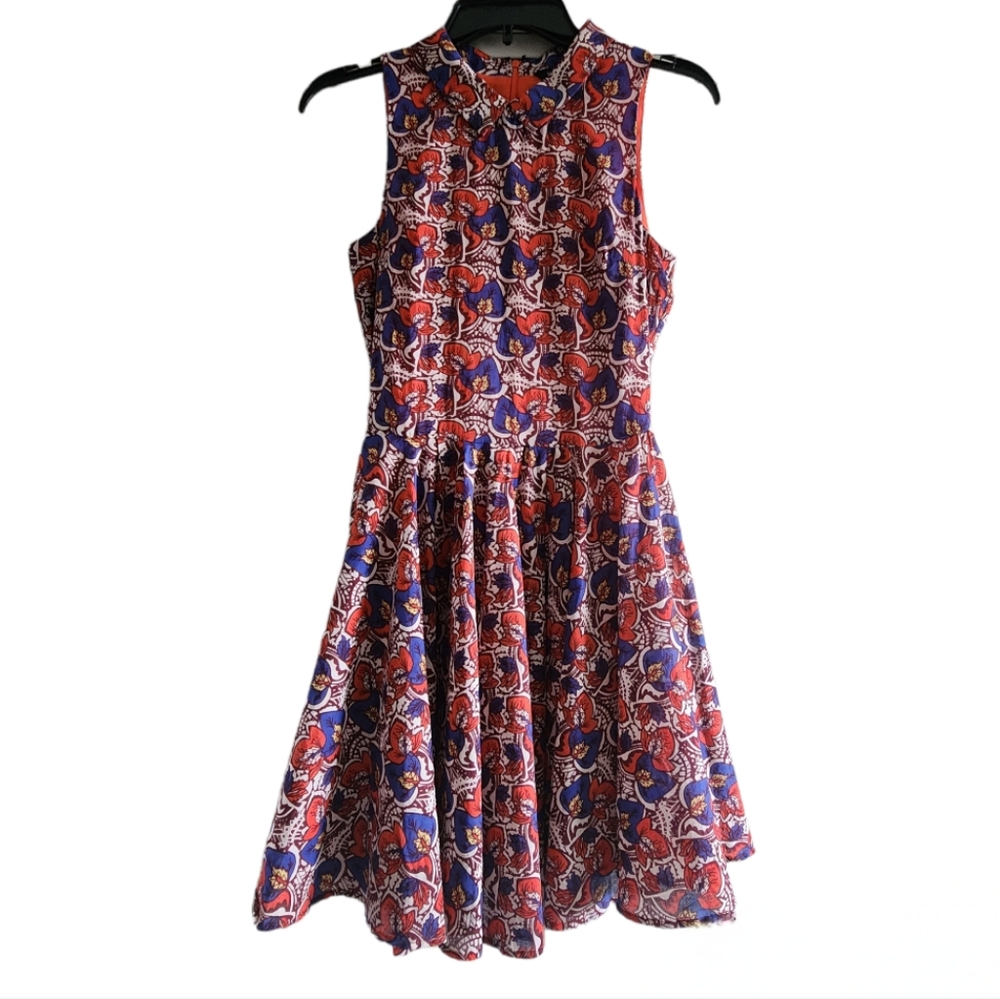 Kaya & Sloane Red/Blue Leaf Pleated Fit & Flare Shirt Dress